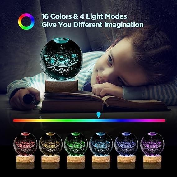 3D Galaxy Crystal Ball Lamp With Light Changing Wooden Base - 2.36 Inch Solar System Night Light, 3D Crystal Ball, Galaxy Ball, Galaxy Ball Lamp